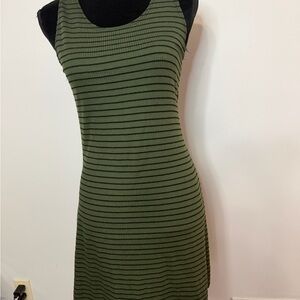 Olive Green Ribbed Striped Swing Dress | Sleeveless Casual Dress | Size M